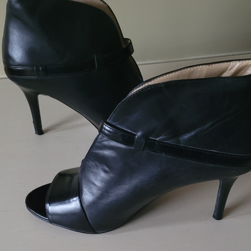 Peep toe booties, black leather Marc Fisher